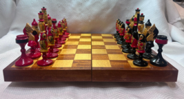 Vtg Russian Ussr Wood Hand Painted Matryoshka Babushka Doll Chess Set W/ Board - £94.92 GBP