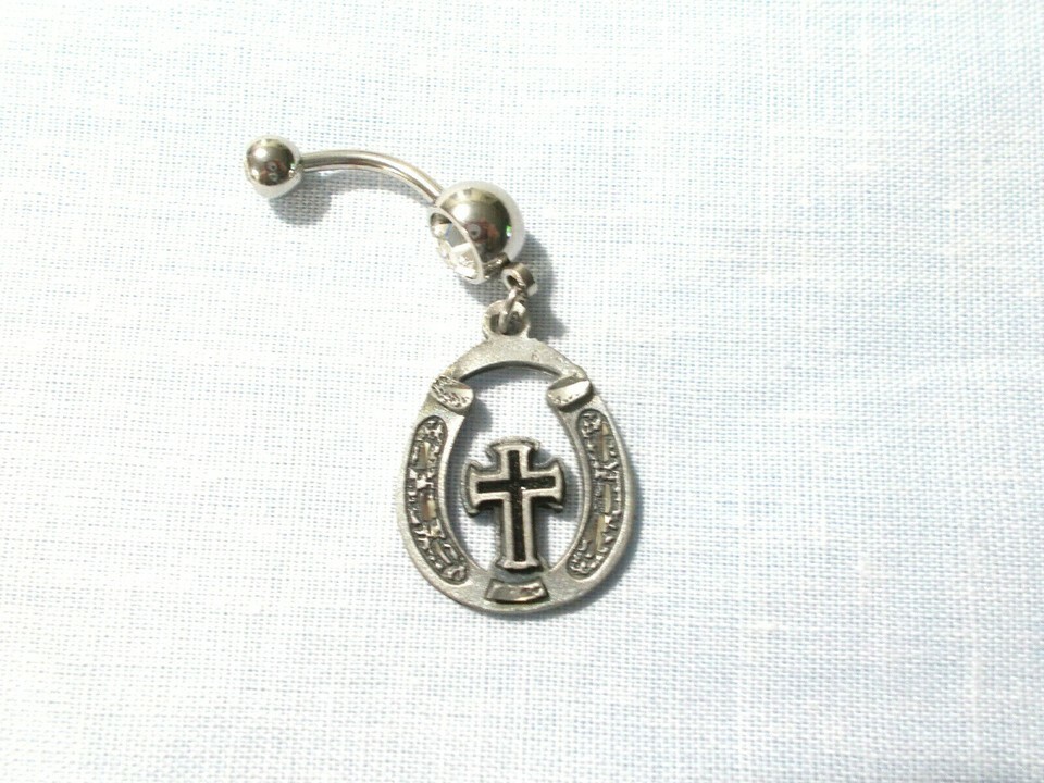 Lucky Horseshoe with Black Cross Engraved Accents on 14g Clear CZ Belly Ring Item image 2