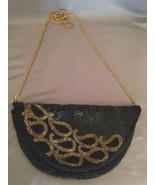 Vintage Black &amp; Gold Purse Handbag Evening Formal Bag Hand Beaded Made H... - £24.54 GBP