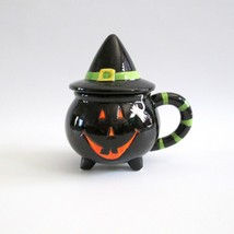 Black Pumpkin Cauldron Footed Mug Witch Hat Lid Cup Decor - $25.72