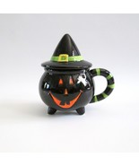Black Pumpkin Cauldron Footed Mug Witch Hat Lid Cup Decor - £20.32 GBP