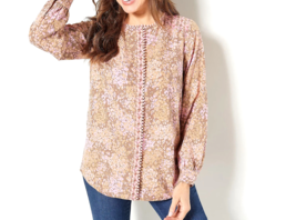 Isaac Mizrahi Mixed Print Stretch Crepe Blouse- Pink, REGULAR 6 - £19.41 GBP