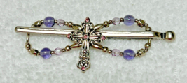 Beautiful Hair Bun Ponytail Slid Silvertone Metal Cross &amp; Purple Pink Gl... - $12.38