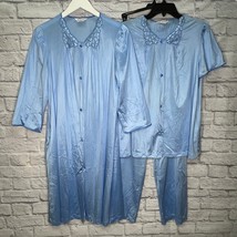 Vintage Vanity Fair 3 Piece Nylon Pajama Set Pants Shirt Robe Size S Blue Floral - £46.67 GBP