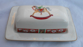 Charlton Hall Kobe Covered Butter Dish 1/4 Pd 2pc Japan Christmas Rocking Horse - $34.64