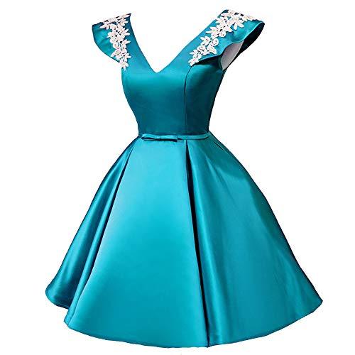 V Neck White Lace Short Satin Formal Prom Homecoming Dress Turquoise Blue US 12