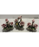 Vintage 3pc Porcelain Capodimonte Flower Floral Pink/ Basket with Bow - $269.34 MXN