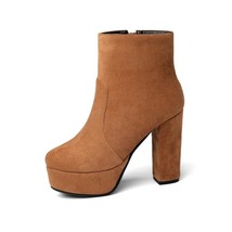 Women Ankle Boots Square High Heel Fashion Winter Shoes Platform Al Match Flock  - £84.42 GBP