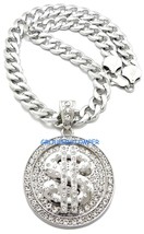 Dollar Sign Crystal Rhinestone Pendant with 20 Long 12mm Wide Cuban Necklace - £21.41 GBP