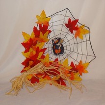Bunny Witch Spiderweb Finished Cross Stitch Handmade Halloween Fall Leaves Broom - £29.08 GBP