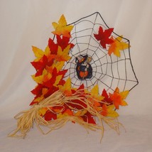 Bunny Witch Spiderweb Finished Cross Stitch Handmade Halloween Fall Leaves Broom - £29.54 GBP