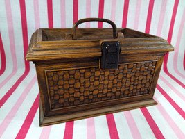 Neat Retro 1970s Lerner Plastic Sewing Box  in Chocolate Brown Faux Woven Design - £14.46 GBP