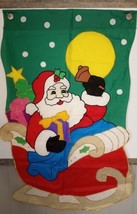 Vtg Large Santa in Sleigh Gifts Christmas Decor Gold Glittery Trim Flag 45&quot;X29&quot;  - £13.23 GBP