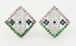 Gorgeous 14k White Gold Multi-Color Sapphire and Diamond Plaque Earrings 2.87 Ct - $1,715.20