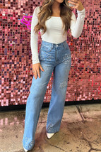 Light Blue Floral Rhinestone Decor High Rise Wide Leg Jeans - $35.51