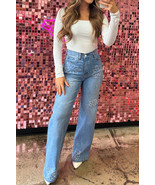 Light Blue Floral Rhinestone Decor High Rise Wide Leg Jeans - $653.12 MXN Light Blue Floral Rhinestone Decor High Rise Wide Leg Jeans - $653.12 MXN
