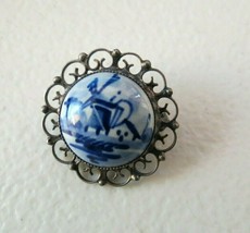 Vintage Sterling Silver Blue White Delft Holland Windmill Brooch Filigree Frame - £18.35 GBP