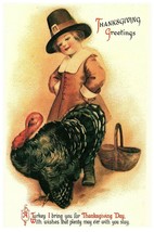 Vintage Greetings Thanksgiving Boy Pilgrim Turkey Lilian Vernon Postcard Repro - £7.71 GBP
