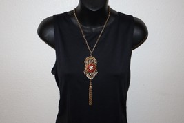 Gold Tone Pendant Necklace Red Rhinestone Tassel Textured Cable Chain 32.5&quot; - $13.00