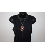 Gold Tone Pendant Necklace Red Rhinestone Tassel Textured Cable Chain 32.5&quot; - €11,25 EUR