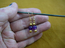 EE474-10) 8mm Purple amethyst crystal gemstone beaded dangle gold earrings - £9.74 GBP