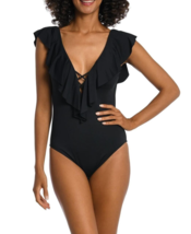 La Blanca Sz 6 Island Goddess Ruffle Plunge Swimsuit Slim Black One-Piec... - $49.49
