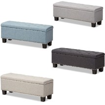 Padded Fabric Ottoman Storage Bed Bench Button-Tufted Nail Head Beige Blue Gray - £175.06 GBP