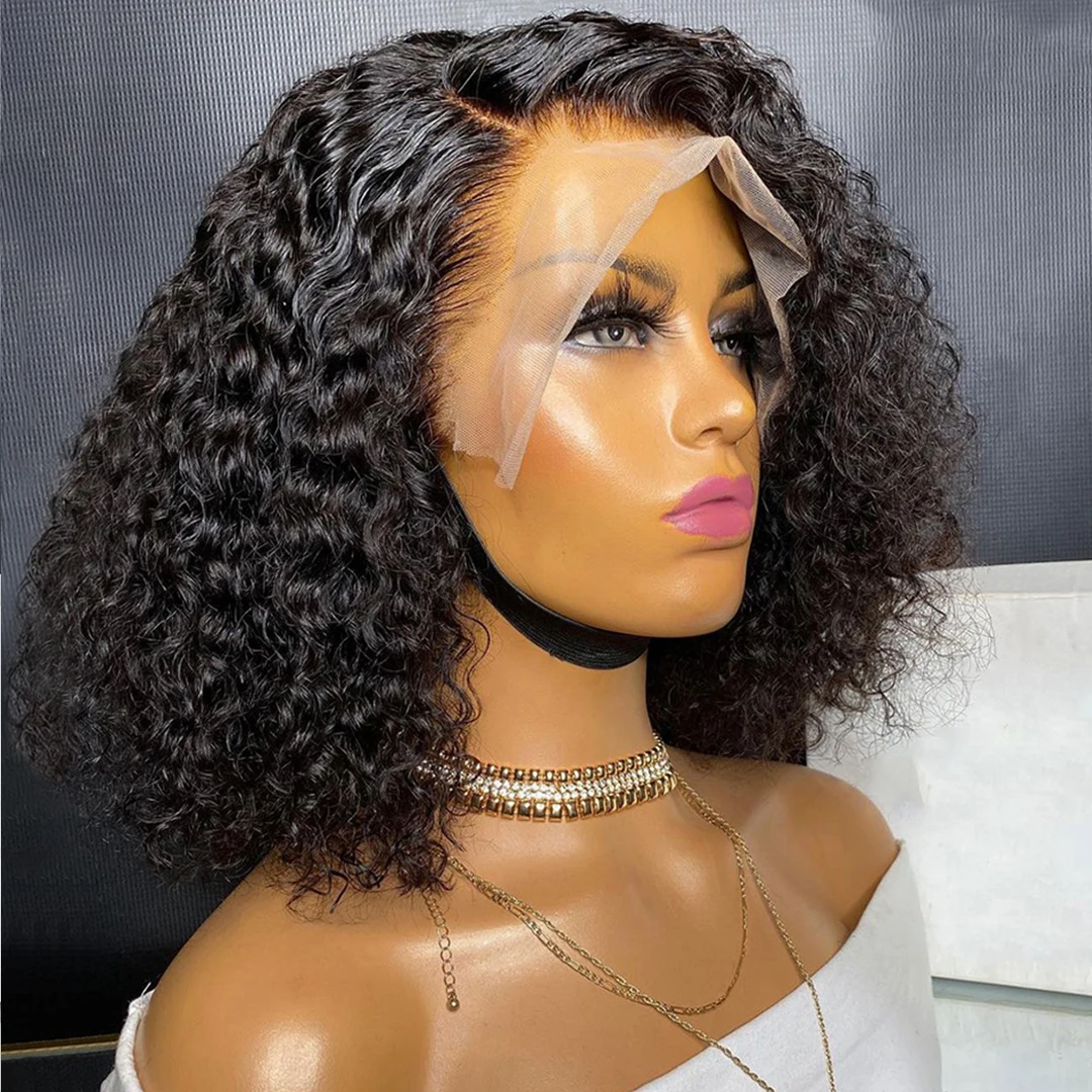 Short Curly Human Hair Bob Wig 13x4 Lace Front Human Hair Wigs ForWom - £42.99 GBP+
