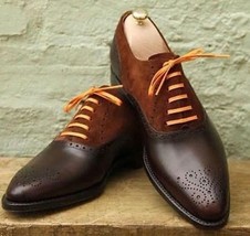 New Handmade Men Brown Cowhide Leather &amp; Suede Oxford Lace Up Dress Formal Shoes - £104.52 GBP