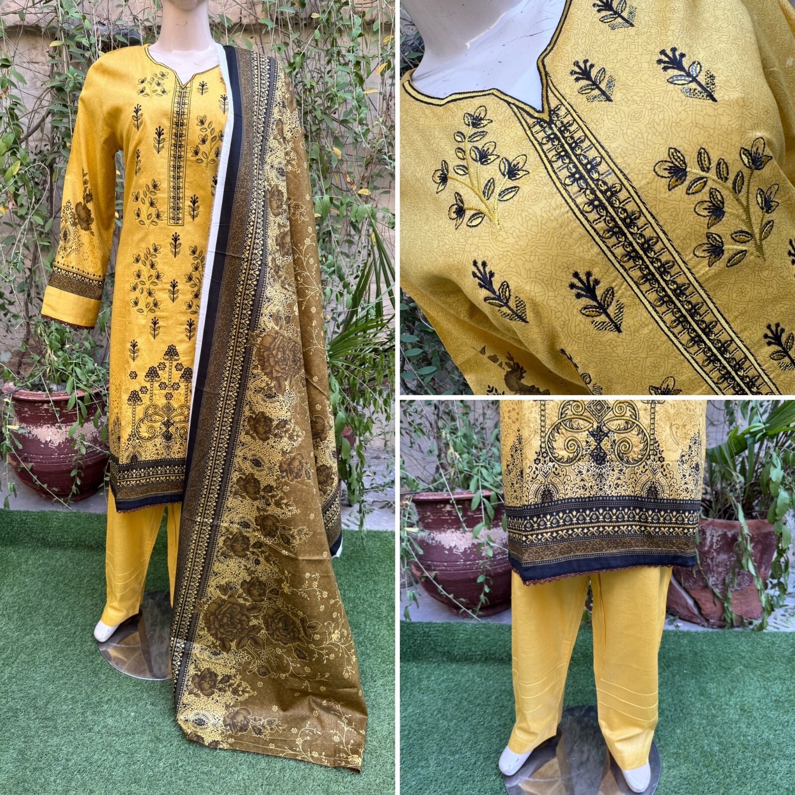 Pakistani Yellow Printed Straight Shirt 3-PCS Lawn Suit w/ Threadwork ,L#2 - $56.43