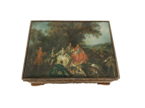 Schmid Bros Gold Ornate Music Jewelry Trinket Box The Picnic After The Hunt - $34.60