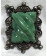 Vintage Sterling Silver Green Carved Jade Tribal 2&quot; Brooch Pin Mexico Az... - £22.15 GBP