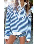 Sky Blue Stripe Zip up Collar Drop Sleeve Sweater - $48.69