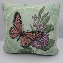 Vintage Embroidered Art Pillow 12&quot;x11&quot; Square Green Butterfly Flower 2-sided - £17.45 GBP