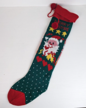 Vintage Christmas Stocking Knit Red Green Santa Merry christmas pom pom - £11.68 GBP