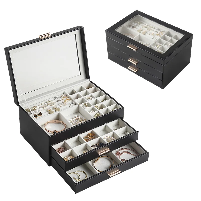 Clear Flip Lid Jewelry Organizer Double Layer Drawer Storage Boxes for Earrings  - $111.94