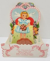 Vintage Valentines Card Stand Up Fold Out Girl Doves Heart - $9.99