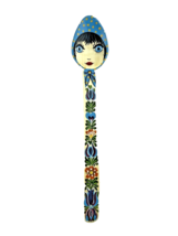 Decorative Lady Face Hand-Painted Wooden Mixing Blue Scarf Big Eyes  Folk Art - £9.83 GBP