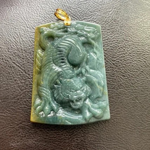 14K Solid Real Gold Carved Roaring Tiger Jade A Pendant Large Men Power Strength - £462.53 GBP