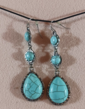 3-TIER Blue Turquoise Dangle Drop Earrings Silver 3&quot; Artisan Southwest Unmarked - £14.87 GBP