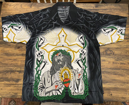 Vintage Y2K IBEU Button Shirt Jesus Sacred Heart Cross Streetwear Cholo ... - £27.69 GBP