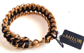 Vintage Milor Italy Bronze &amp; Leather Chain Link Bracelet W/Magnet Clasp ... - $34.65