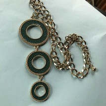 Goldtone Open Oval Chain w Long &amp; Large Graduated Green &amp; Black Faux Leather - £7.57 GBP