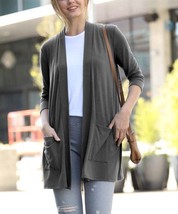 $25 Zenana Ash Gray Relaxed Three-Quarter Sleeve Pocket Open Cardigan Sm... - $11.39