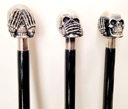 The Three Wise skull Handles With One Black Stick Unisex Wooden Walking ... - £48.39 GBP