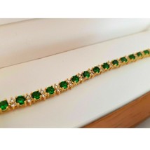 9.05CT Round Cut Green Emerald &amp; Diamond Tennis Bracelet 14K Yellow Gold Finish - £211.78 GBP