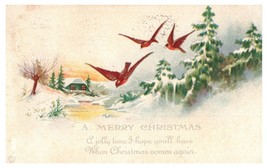 Postcard Merry Christmas Winter Scene Snowy Home Trees Three Cardinal Birds 1921 - £4.67 GBP