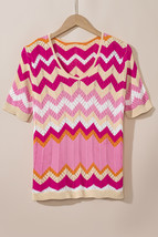 Pink Stripe Chevron Pointelle Knit V Neck Short Sleeve Sweater - $263.63 MXN