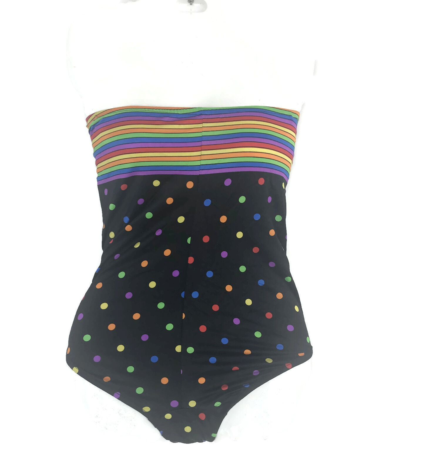 Primary image for Girl's Swimsuit Black Rainbow Polka Dot One Piece Maillot Sz 13/14 Vintage 1980s