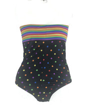 Girl&#39;s Swimsuit Black Rainbow Polka Dot One Piece Maillot Sz 13/14 Vinta... - £16.11 GBP